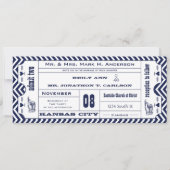 Navy Chevron Zig Zag  Modern Ticket Wedding Kaart (Voorkant)