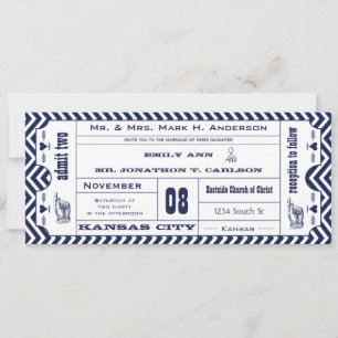 Navy Chevron Zig Zag  Modern Ticket Wedding Kaart