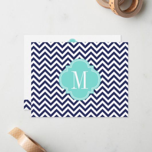 Navy Chevron Zigzag gepersonaliseerd monogram Notitiekaartje (Voorkant / Achterkant in situ)