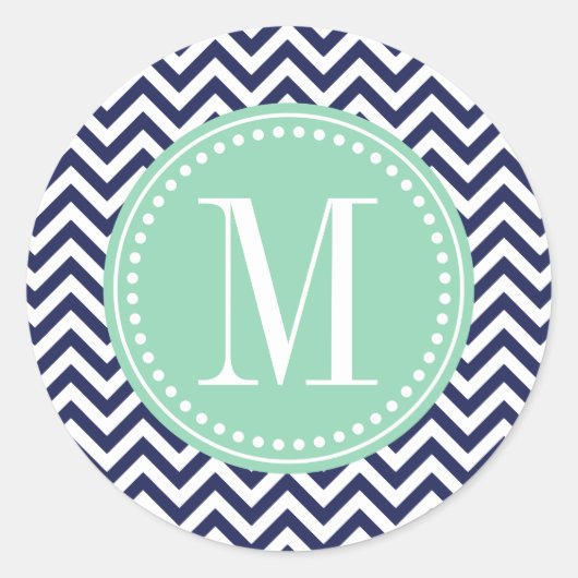 Navy Chevron Zigzag gepersonaliseerd monogram Ronde Sticker (Voorkant)