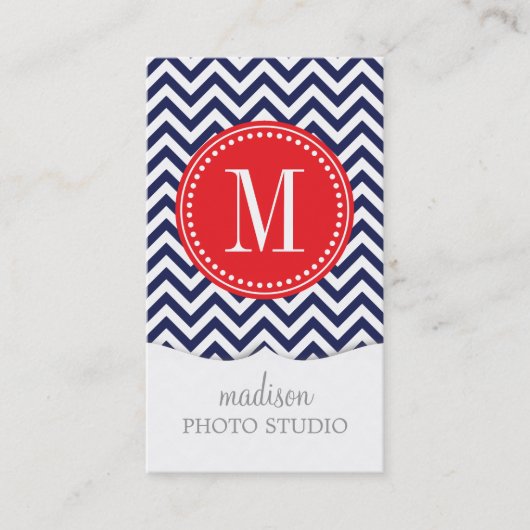 Navy Chevron Zigzag gepersonaliseerd monogram Visitekaartje (Voorkant)