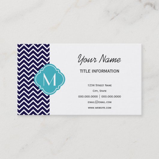 Navy Chevron Zigzag Stripes met monogram Visitekaartje (Voorkant)