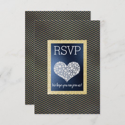 Navy Chevrongoud Hart RSVP eenvoudig elegant (Voorkant / Achterkant)
