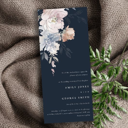 Navy Chic Blush Waterverf Bloemen Bruiloft Kaart