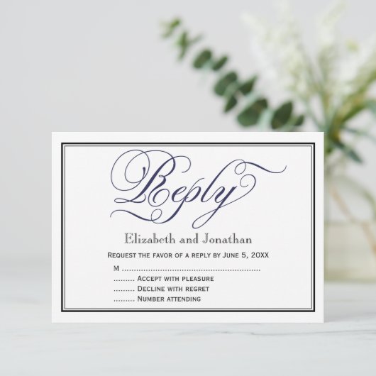 Navy Chic Calligraphy Script Wedding Reply Kaart (Staand voorkant)