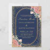 Navy Chic Floral Goud lijst Glitter Nuestra Boda Kaart (Voorkant)