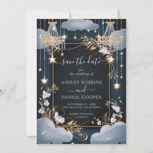 Navy Chic Gouden Kroonluchter Bewaar De Datum Kaart (Voorkant)