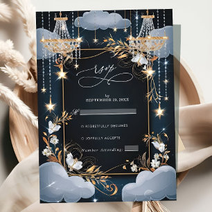 Navy Chic Gouden Kroonluchter Huwelijk RSVP Kaartje
