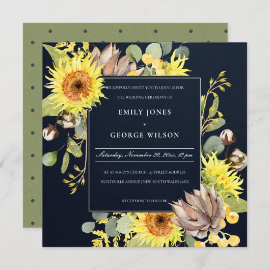 NAVY CHIC SUNFLOWER EUCALYPTUS PINE FLORAL WEDING KAART (Voorkant / Achterkant)