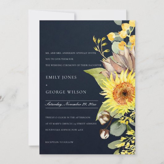 NAVY CHIC SUNFLOWER EUCALYPTUS PINE FLORAL WEDING KAART (Voorkant)