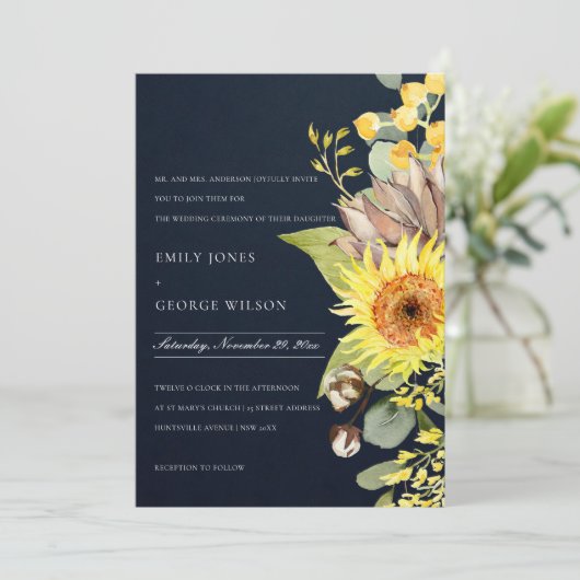NAVY CHIC SUNFLOWER EUCALYPTUS PINE FLORAL WEDING KAART (Staand voorkant)