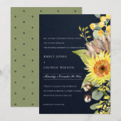 NAVY CHIC SUNFLOWER EUCALYPTUS PINE FLORAL WEDING KAART (Voorkant / Achterkant)