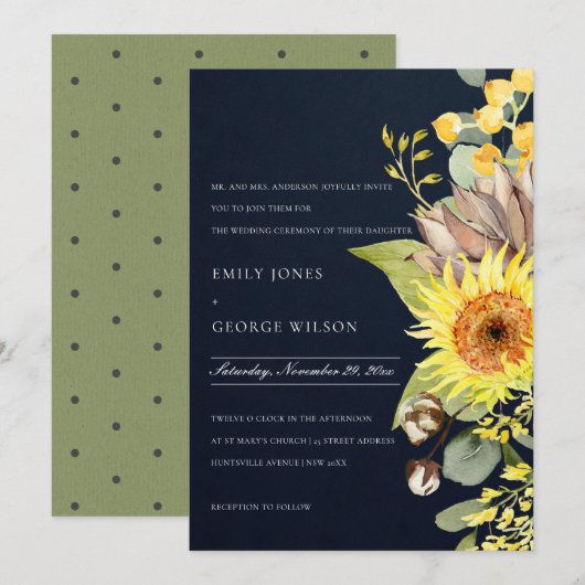 NAVY CHIC SUNFLOWER EUCALYPTUS PINE FLORAL WEDING KAART (Voorkant / Achterkant)