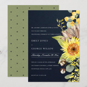 NAVY CHIC SUNFLOWER EUCALYPTUS PINE FLORAL WEDING KAART