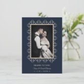 Navy Chic Wedding Flourish Lace Framed Photo Bedankkaart (Staand voorkant)