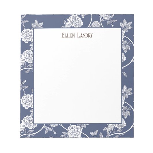 Navy Chinoiserie Floral gepersonaliseerd Notitieblok (Voorkant)