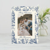Navy Chinoiserie Toile De Jouy Photo Christmas Feestdagenkaart (Staand voorkant)