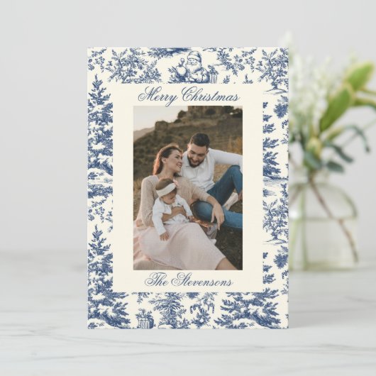 Navy Chinoiserie Toile De Jouy Photo Christmas Feestdagenkaart (Staand voorkant)