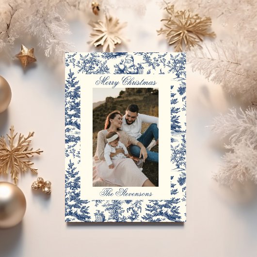 Navy Chinoiserie Toile De Jouy Photo Christmas Feestdagenkaart