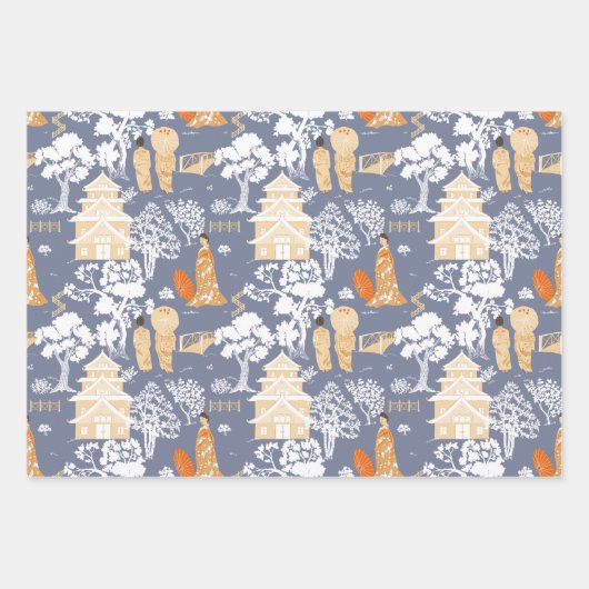 Navy Chinoiserie Vogels en Pagodes Inpakpapier Vel (Voorkant 3)