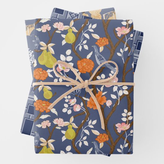 Navy Chinoiserie Vogels en Pagodes Inpakpapier Vel (In situ)