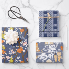 Navy Chinoiserie Vogels en Pagodes Inpakpapier Vel