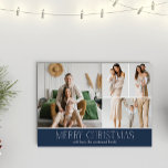 NAVY Christmas Elegant 4 Collage Photo message Feestdagenkaart<br><div class="desc">Share your family’s highlights with this year-in-review Christmas card featuring a simple, minimal, and clean design. The front includes a modern four photo collage paired with the festive greeting “Merry Christmas” in an elegant serif font over a Classic and chic Navy Blue color, with space to personalize your family name...</div>