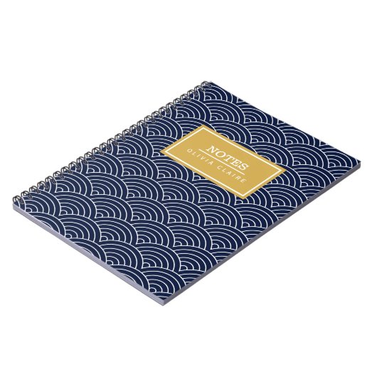 Navy Circle Wave Pattern Gold Name Sjabloon Notitieboek (Linkerzijde)