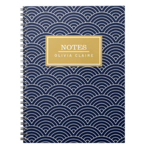 Navy Circle Wave Pattern Gold Name Sjabloon Notitieboek