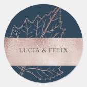 Navy Classic Matt Roos Gouden bladeren Bruiloft Ronde Sticker (Voorkant)