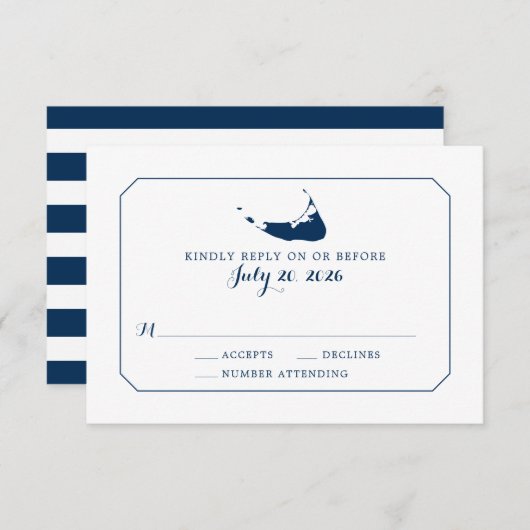 Navy Classic Nantucket Island Kaart Bruiloft RSVP (Voorkant / Achterkant)