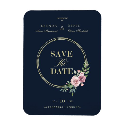 Navy Classic Romantic Elegant Pink Floral Wreate Magneet (Verticaal)