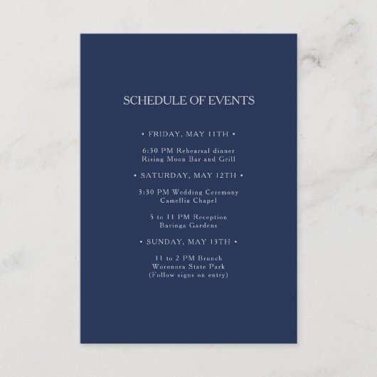 Navy Classic Silver Wedding Schedule of Events Informatiekaartje (Voorkant)