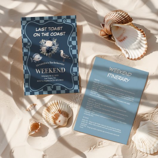 Navy Coastal Floral and Checkered Zee Bachelorette Kaart