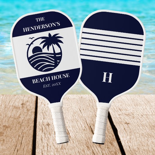 Navy Coastal Nautical Palm Tree Family Beach House Pickleball Paddle