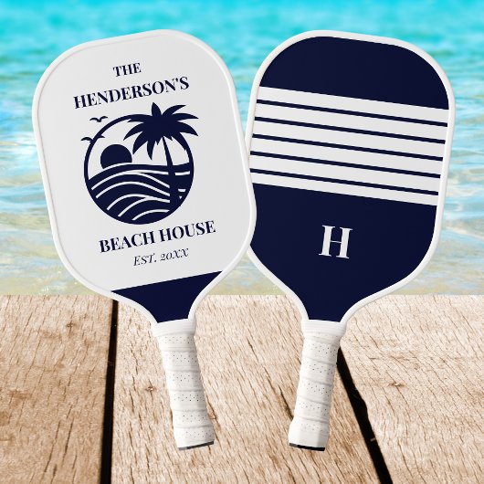 Navy Coastal Nautical Palm Tree Family Beach House Pickleball Paddle