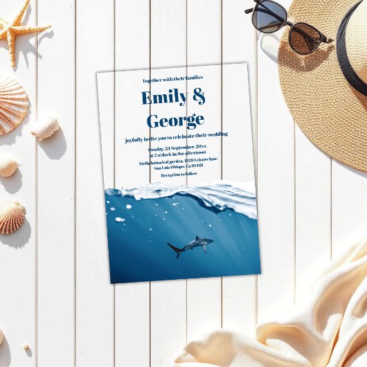 Navy Coastal onder het Zee Shark Beach Wedding Acryl Uitnodigingen