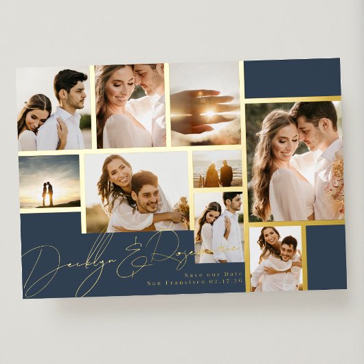 Navy Collage Multi Photo Save the Date Gold Lijste Folie Uitnodiging