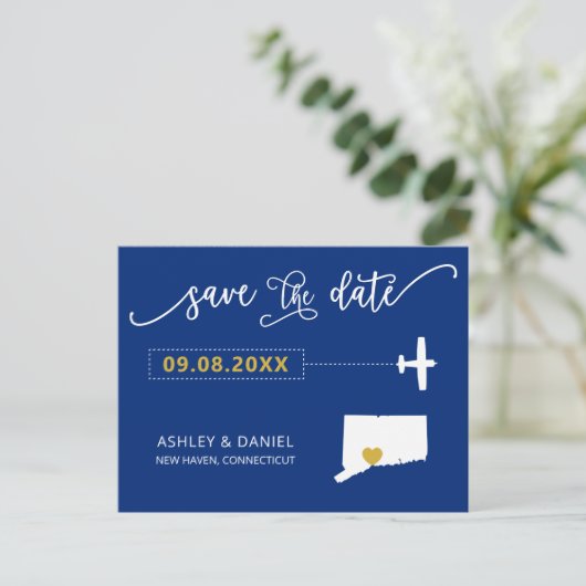 Navy Connecticut Wedding Save the Date Map Briefkaart (Staand voorkant)