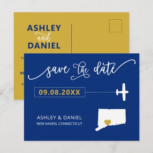 Navy Connecticut Wedding Save the Date Map Briefkaart (Voorkant / Achterkant)