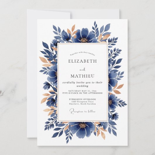 Navy Copper Elegant Botanical Wedding Kaart (Voorkant)