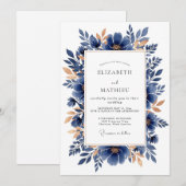 Navy Copper Elegant Botanical Wedding Kaart (Voorkant / Achterkant)