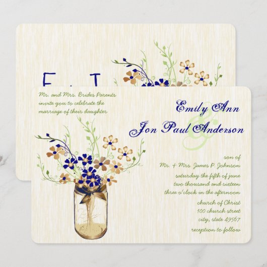 Navy Copper en Green Mason Jar Wild Flower Kaart (Voorkant / Achterkant)