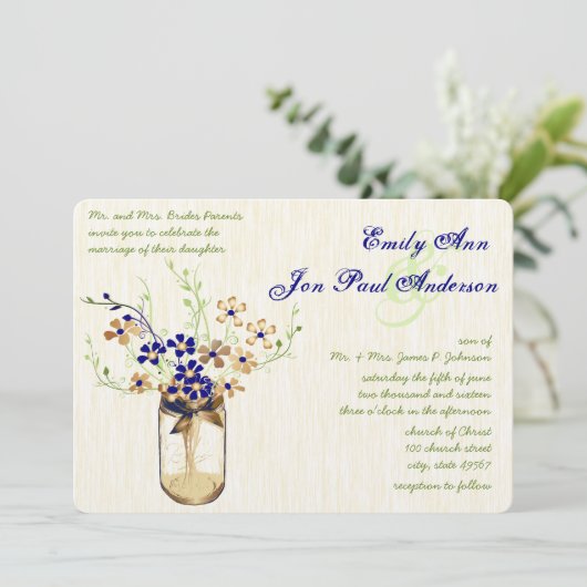 Navy Copper en Green Mason Jar Wild Flower Kaart (Staand voorkant)