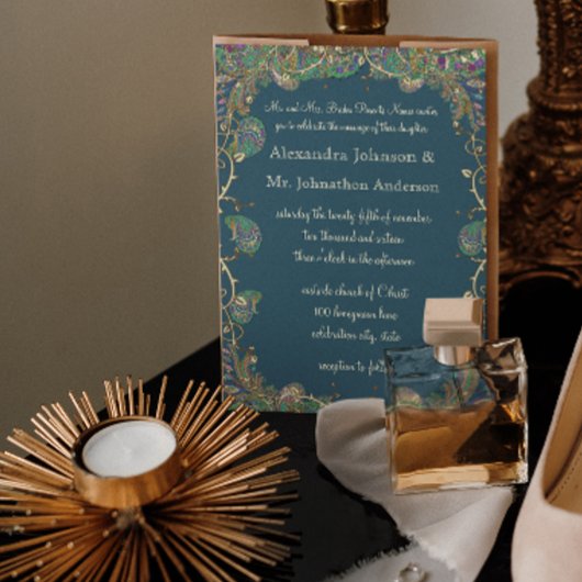 Navy Copper en Green Paisley Peacock Wedding Kaart