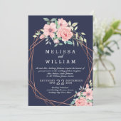 Navy Copper Geometrische Bloemen Waterverf Bruilof Kaart (Staand voorkant)