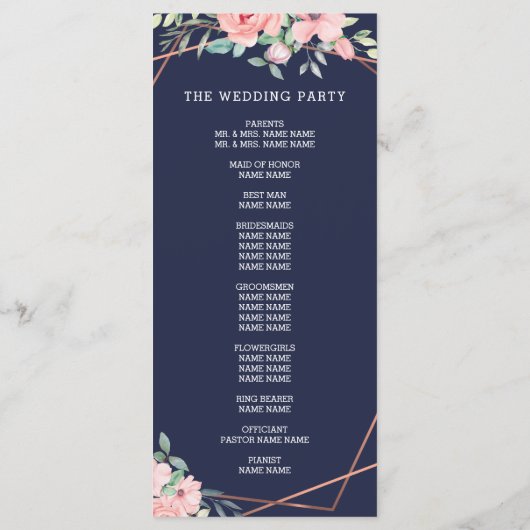 Navy Copper Geometrische Waterverf Bloemenbruiloft Programmakaart (Achterkant)