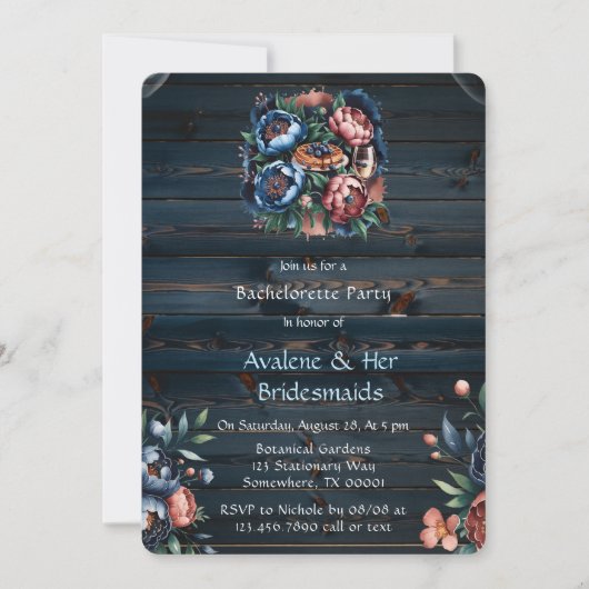 Navy & Copper Peony Wood Bruidsmeisjes Luncheon Kaart (Voorkant)