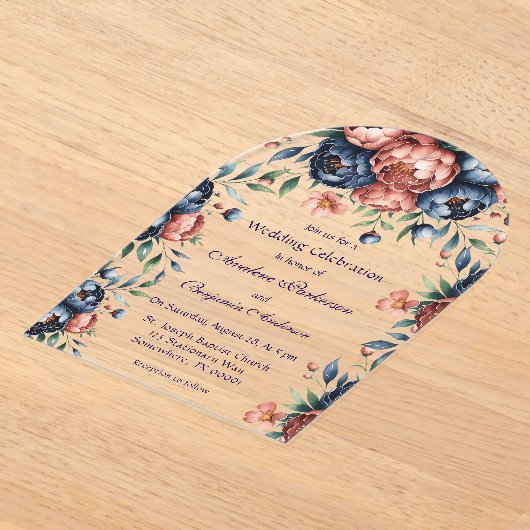 Navy & Copper Peony Wood Huwelijksfeest Acryl Uitnodigingen (Laagn)
