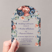 Navy & Copper Peony Wood Huwelijksfeest Acryl Uitnodigingen (Insitu (Draagbaar))